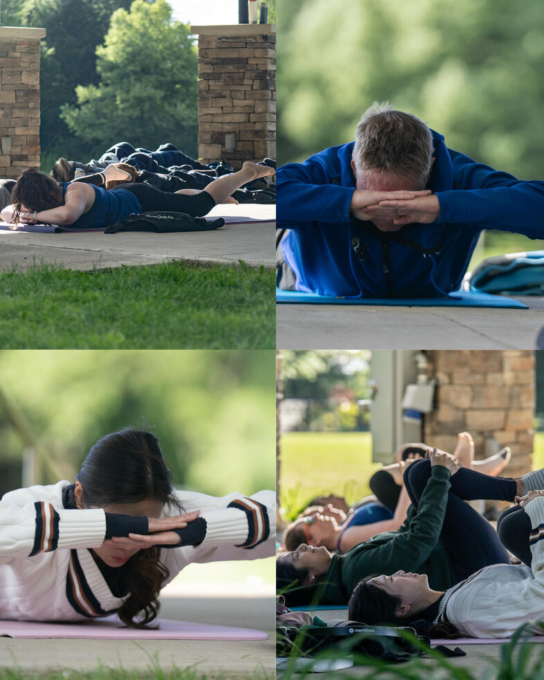 Strengthen & Lengthen Participants performing back extension and lying stretch exercises on mats during an outdoor Pilates class.
