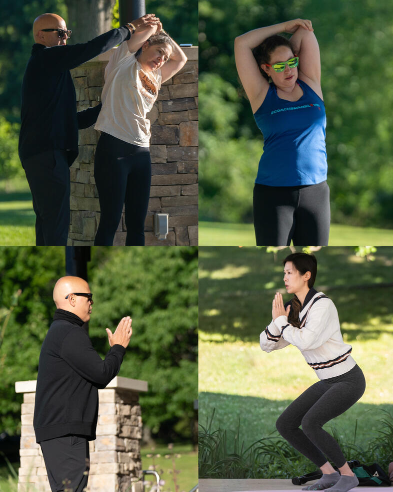 The Warm-Up Participants and instructor performing standing stretches and standing footwork before outdoor mat Pilates class.