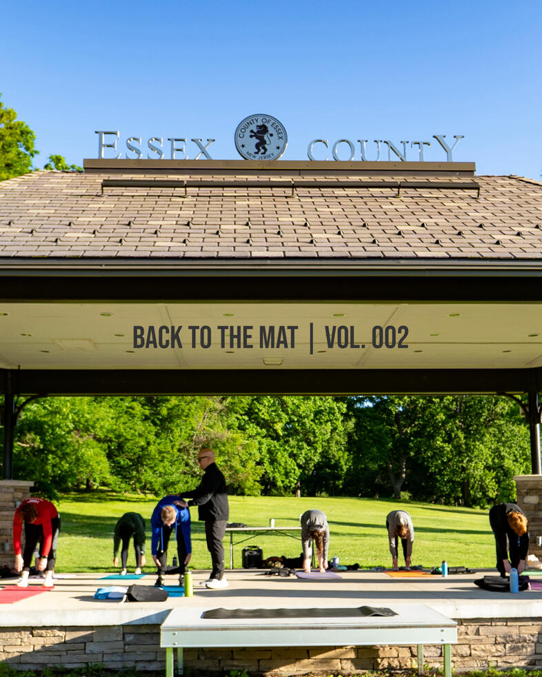 The Pavilion BACK TO THE MAT Vol. 002 title card and class beneath the Essex County gazebo at Brookdale Park in Bloomfield New Jersey.