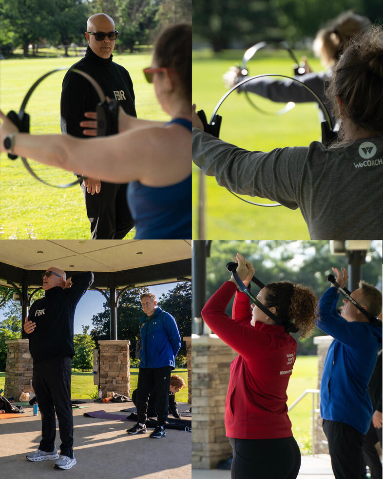 Ring Work Participants practicing Pilates Magic Circle exercises during an outdoor class.