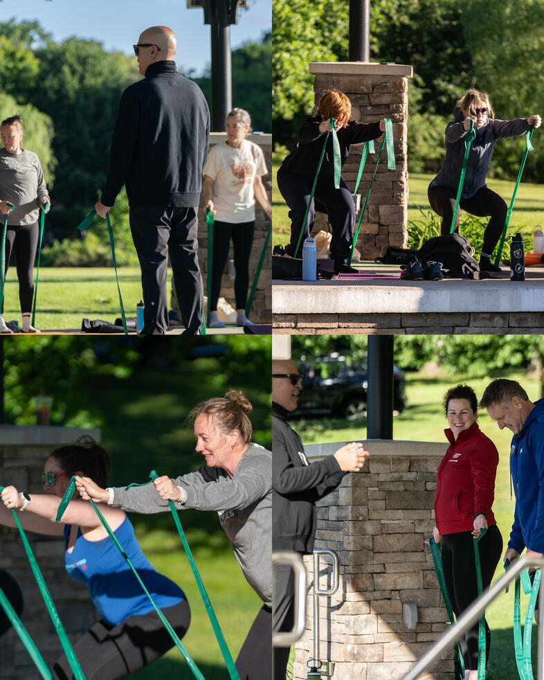 Band Work Participants performing resistance band exercises during an outdoor group Pilates class.