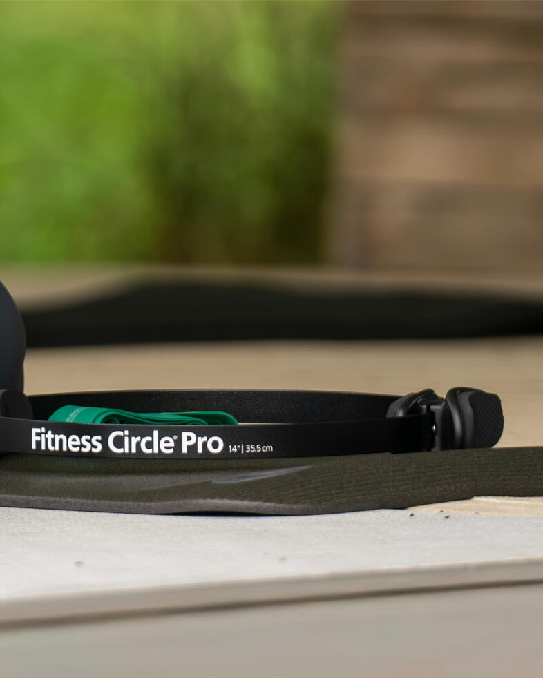 Mat, ring, Pilates ball and Therabands.