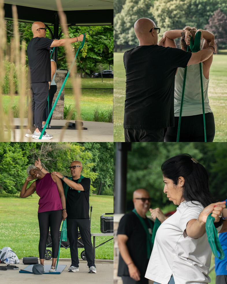 Theraband exercises Participants performing various Theraband exercises beneath the Brookdale Park Gazebo.
