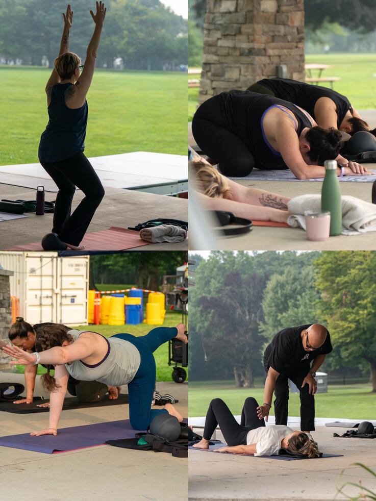Class participating in various mat exercises.