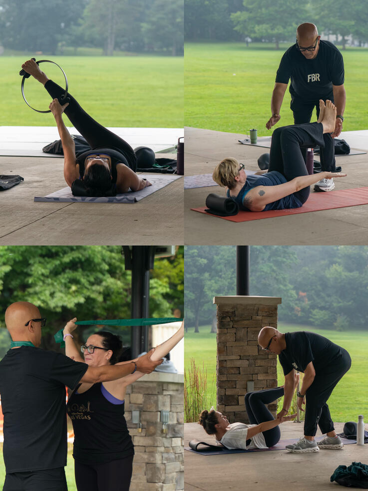 Instructor Rafael Jimenez Guiding Class Participants performing various mat exercises beneath the Brookdale Park Gazebo.