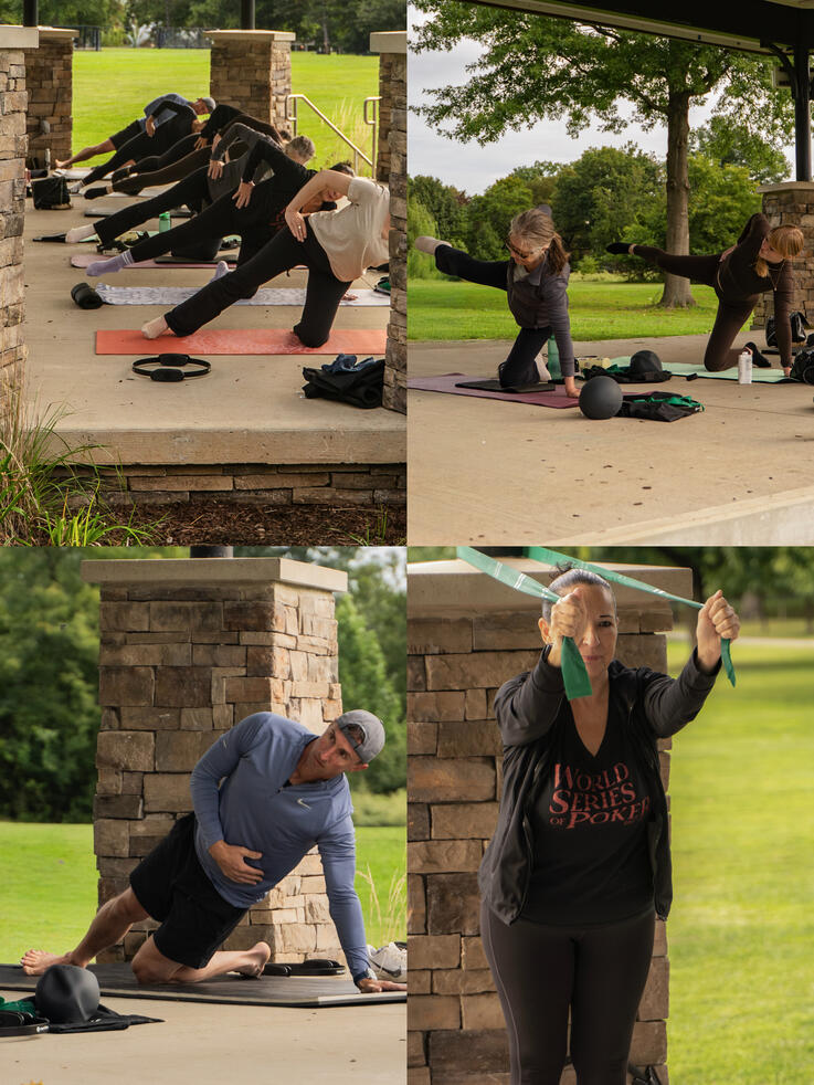 Participants working on side planks and resitance.