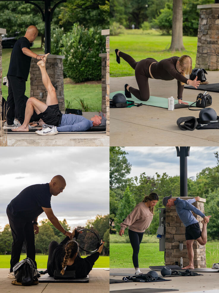 Class participating in various mat exercises.